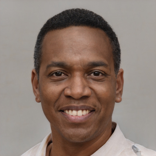 Joyful latino adult male with short  black hair and brown eyes