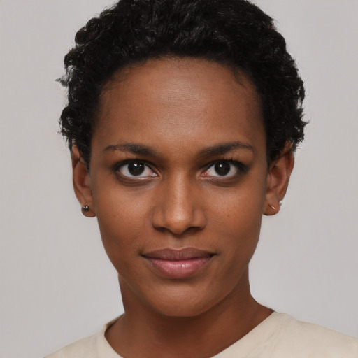 Neutral black young-adult female with short  black hair and brown eyes
