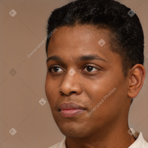 Neutral black young-adult male with short  brown hair and brown eyes