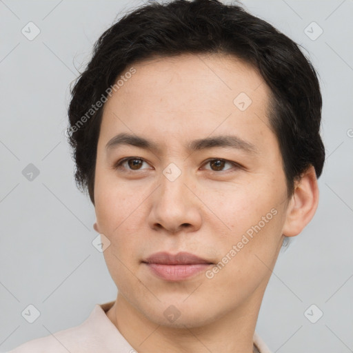 Neutral asian young-adult male with short  brown hair and brown eyes