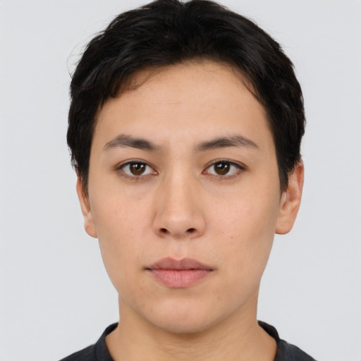 Neutral asian young-adult female with short  black hair and brown eyes