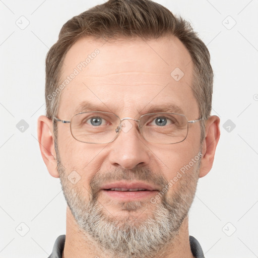 Joyful white adult male with short  brown hair and grey eyes