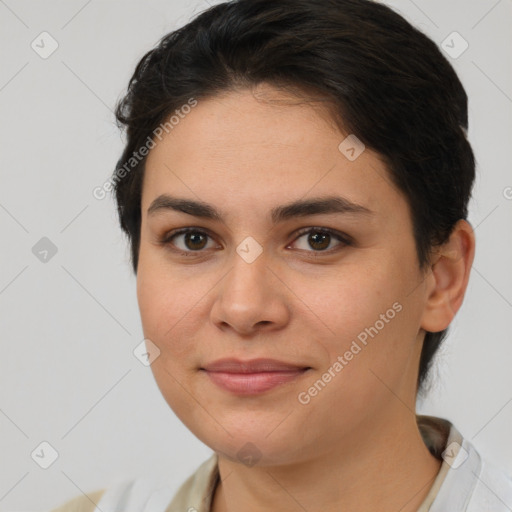 Joyful white young-adult female with short  brown hair and brown eyes