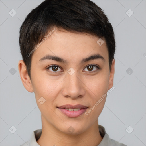 Joyful white young-adult female with short  brown hair and brown eyes