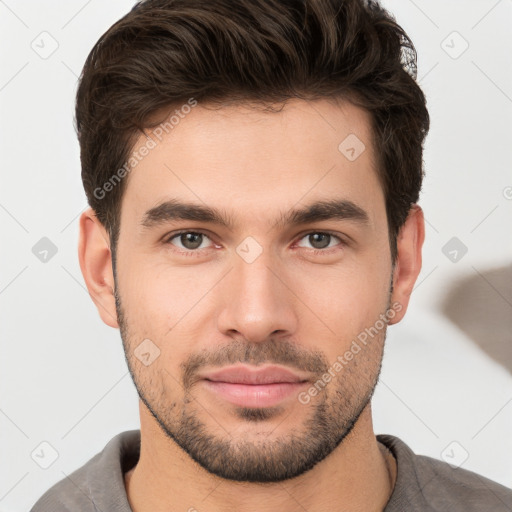 Neutral white young-adult male with short  brown hair and brown eyes