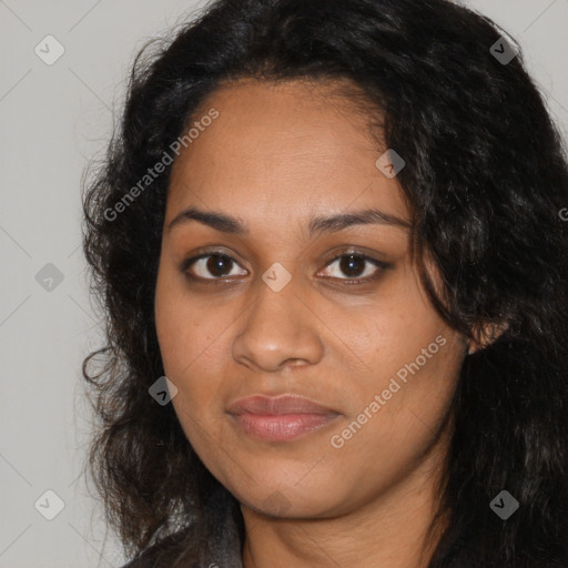 Joyful latino young-adult female with long  black hair and brown eyes