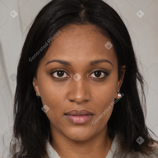 Joyful asian young-adult female with long  brown hair and brown eyes