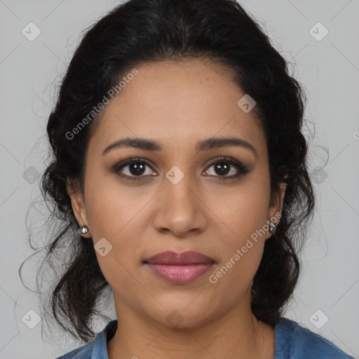 Joyful latino young-adult female with medium  black hair and brown eyes