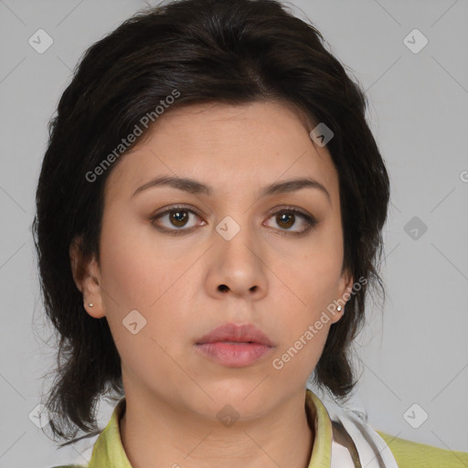 Neutral asian young-adult female with medium  brown hair and brown eyes