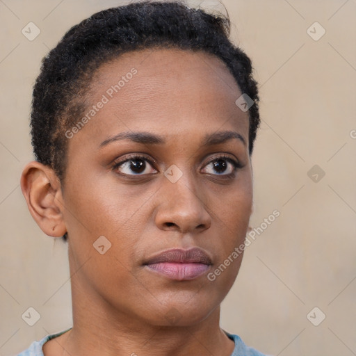 Neutral black young-adult female with short  brown hair and brown eyes