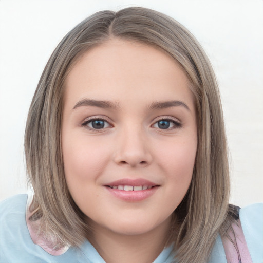 Joyful white child female with medium  brown hair and brown eyes