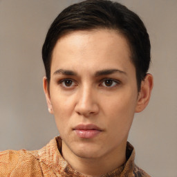 Neutral white young-adult female with short  brown hair and brown eyes