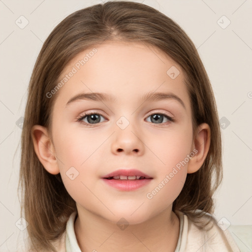 Joyful white child female with medium  brown hair and brown eyes