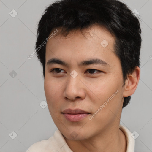 Neutral asian young-adult male with short  brown hair and brown eyes