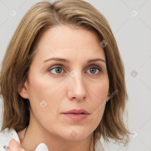 Neutral white young-adult female with medium  brown hair and brown eyes