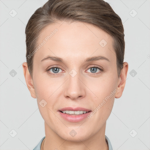 Joyful white young-adult female with short  brown hair and brown eyes