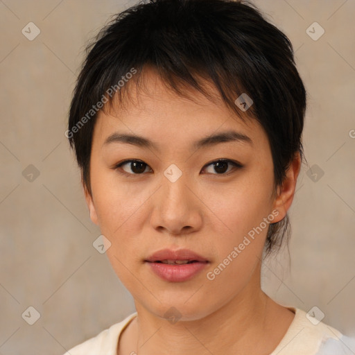 Neutral asian young-adult female with medium  brown hair and brown eyes