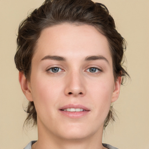 Neutral white young-adult female with medium  brown hair and brown eyes