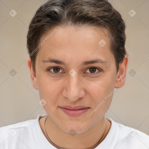 Joyful white young-adult female with short  brown hair and brown eyes