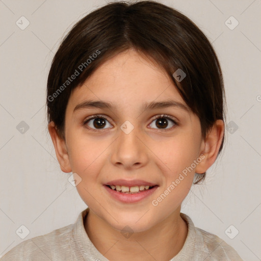 Joyful white child female with medium  brown hair and brown eyes