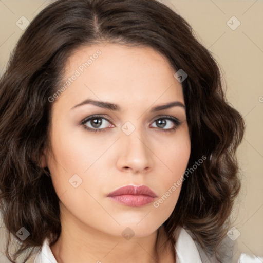 Neutral white young-adult female with medium  brown hair and brown eyes