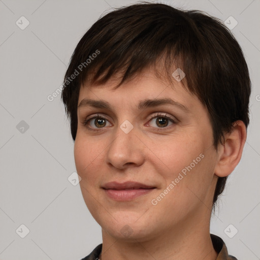 Joyful white young-adult female with short  brown hair and brown eyes