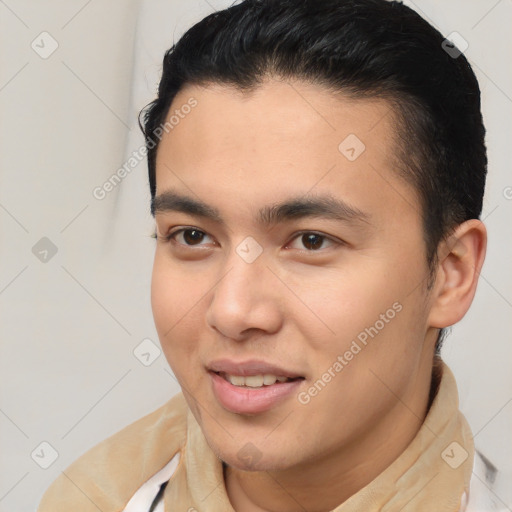 Joyful latino young-adult male with short  brown hair and brown eyes