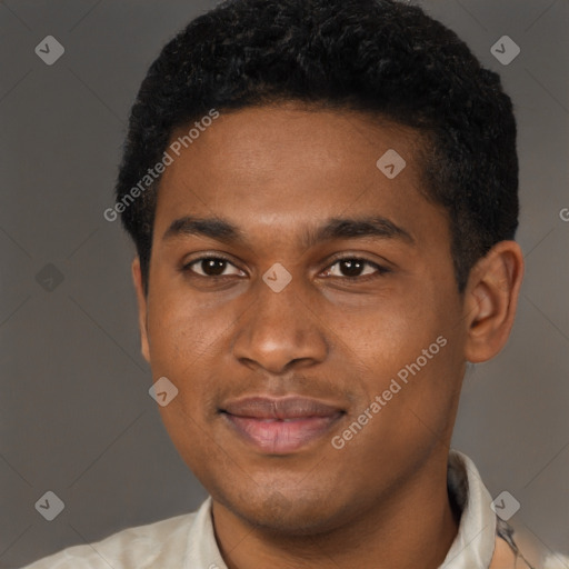 Joyful latino young-adult male with short  brown hair and brown eyes