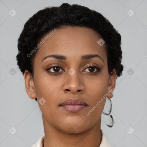 Neutral black young-adult female with short  brown hair and brown eyes