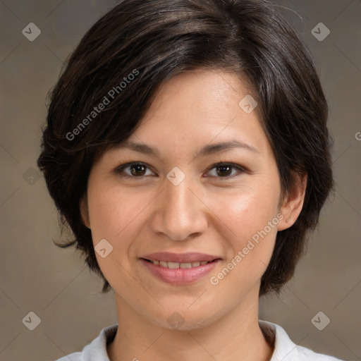 Joyful white young-adult female with medium  brown hair and brown eyes
