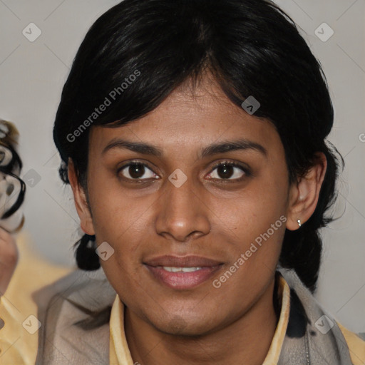 Joyful asian young-adult female with medium  brown hair and brown eyes