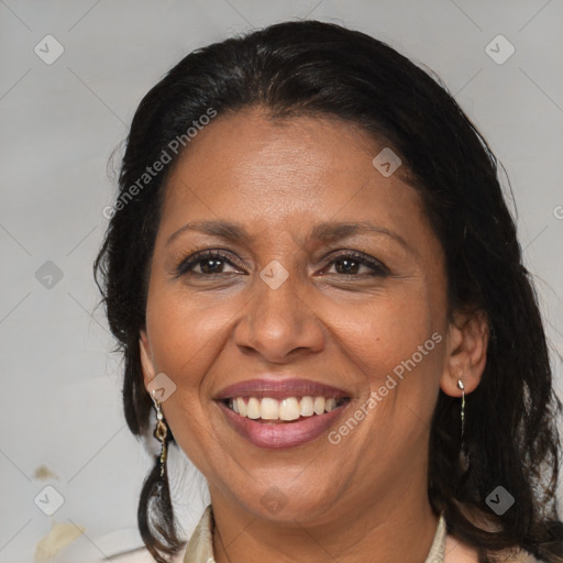 Joyful asian adult female with medium  brown hair and brown eyes