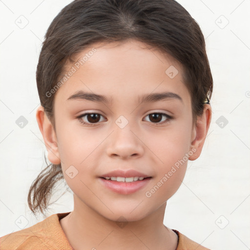 Joyful white child female with short  brown hair and brown eyes