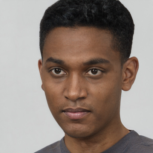 Neutral black young-adult male with short  black hair and brown eyes