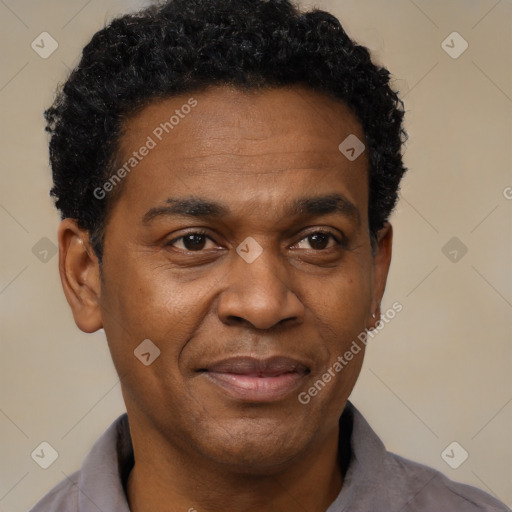 Joyful black adult male with short  black hair and brown eyes