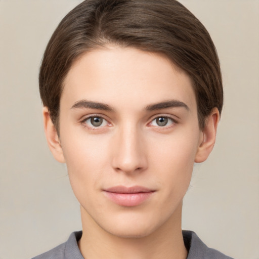 Neutral white young-adult female with short  brown hair and brown eyes