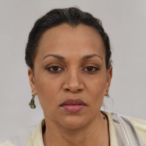 Joyful latino adult female with short  brown hair and brown eyes