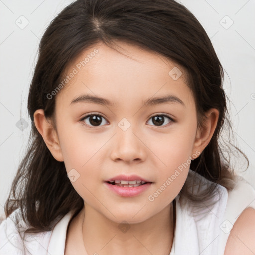 Joyful white child female with medium  brown hair and brown eyes