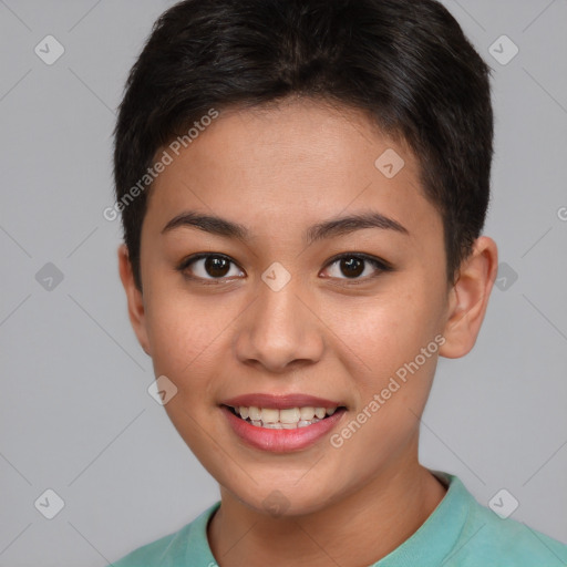 Joyful asian young-adult female with short  brown hair and brown eyes