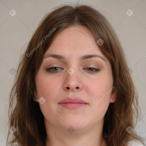 Neutral white young-adult female with medium  brown hair and brown eyes