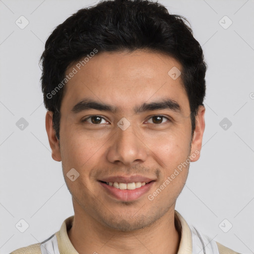 Joyful white young-adult male with short  black hair and brown eyes