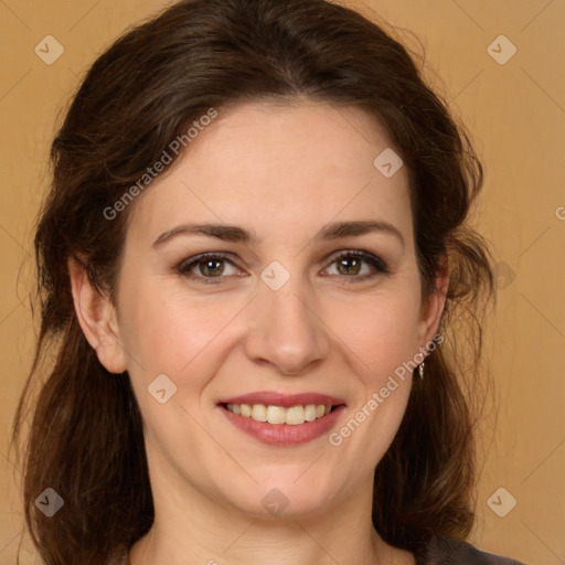 Joyful white young-adult female with medium  brown hair and green eyes