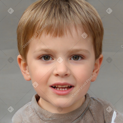 Joyful white child male with short  brown hair and brown eyes