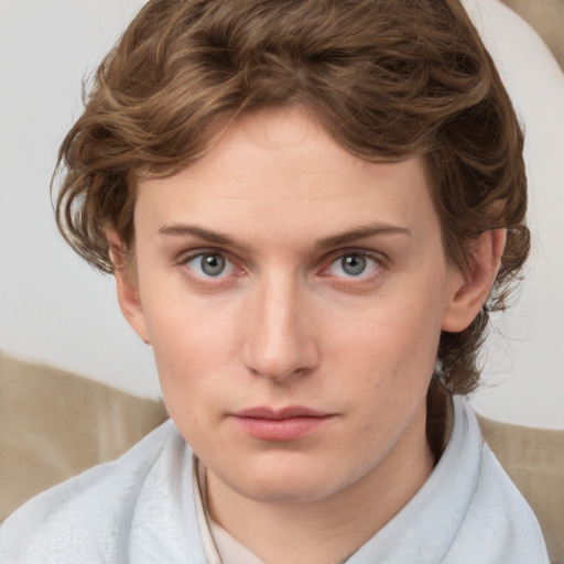 Neutral white young-adult female with medium  brown hair and blue eyes