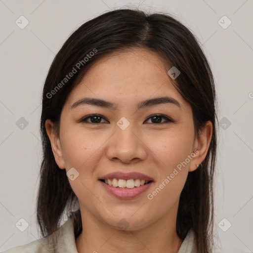 Joyful white young-adult female with medium  brown hair and brown eyes