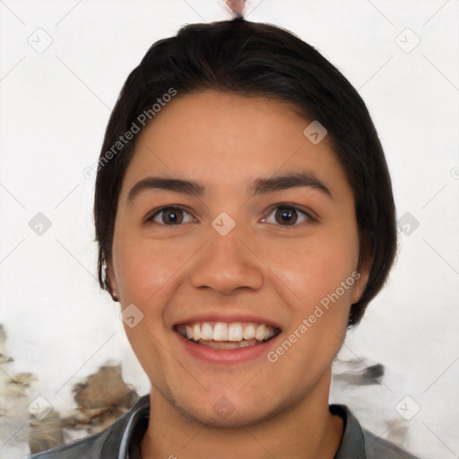 Joyful white young-adult female with short  black hair and brown eyes