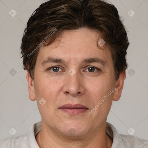 Joyful white adult male with short  brown hair and brown eyes