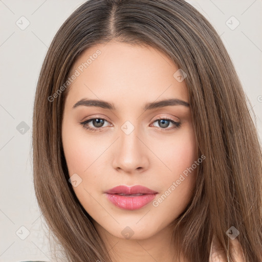 Neutral white young-adult female with long  brown hair and brown eyes