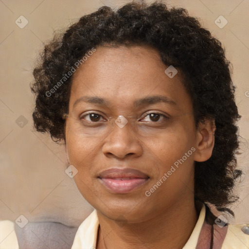 Joyful black adult female with short  brown hair and brown eyes