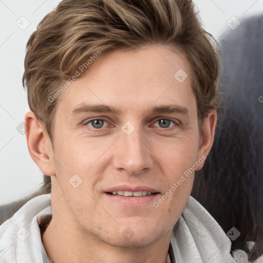 Joyful white adult male with short  brown hair and grey eyes